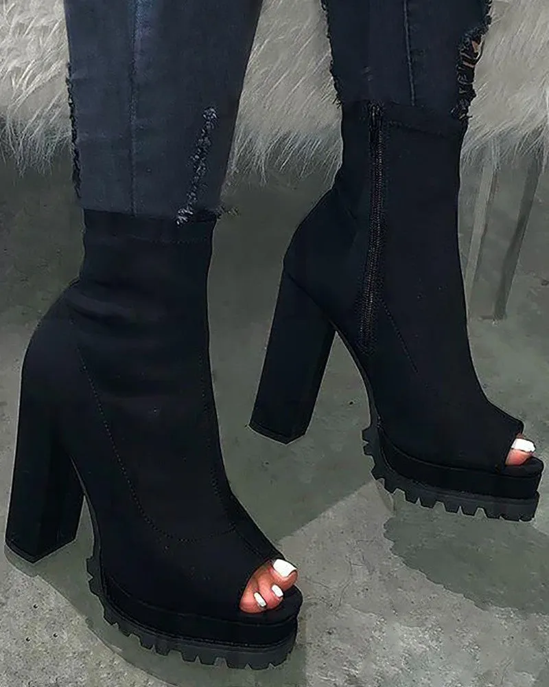 Peep Toe Snakeskin Print Chunky Boots