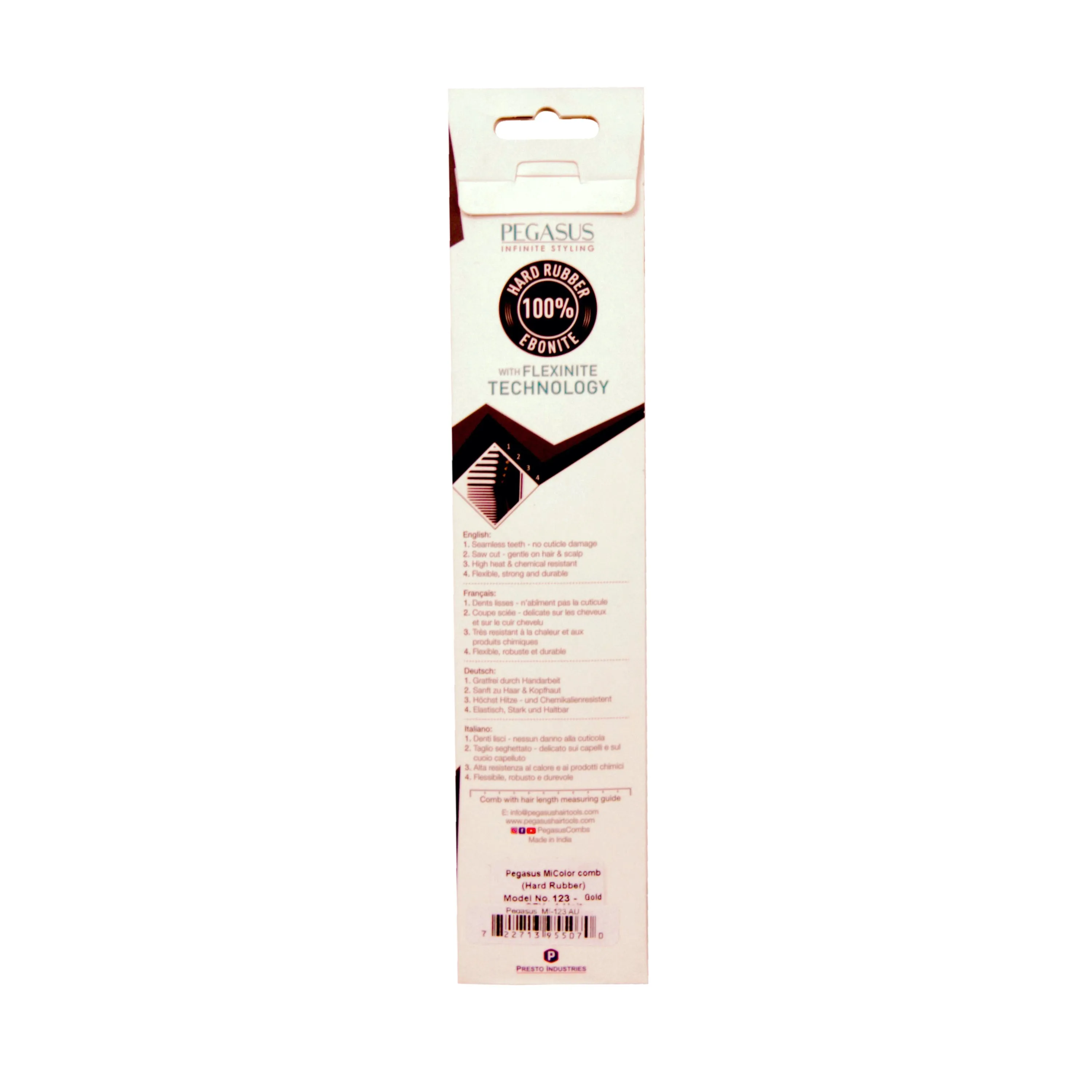 Pegasus MICOLOR 123, 9.75in Hard Rubber Fine Tooth Pintail Comb, Seamless, Anti Static, Heat and Chemically Resistant, Stainless Steel Pin, Great for Parting, Coloring Hair | Peines de goma dura - Gold