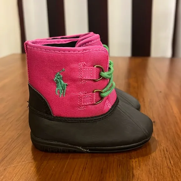 Polo Ralph Lauren Fuchsia Nylon Packer Crib Booties shoes boots Infant Baby Sz 2
