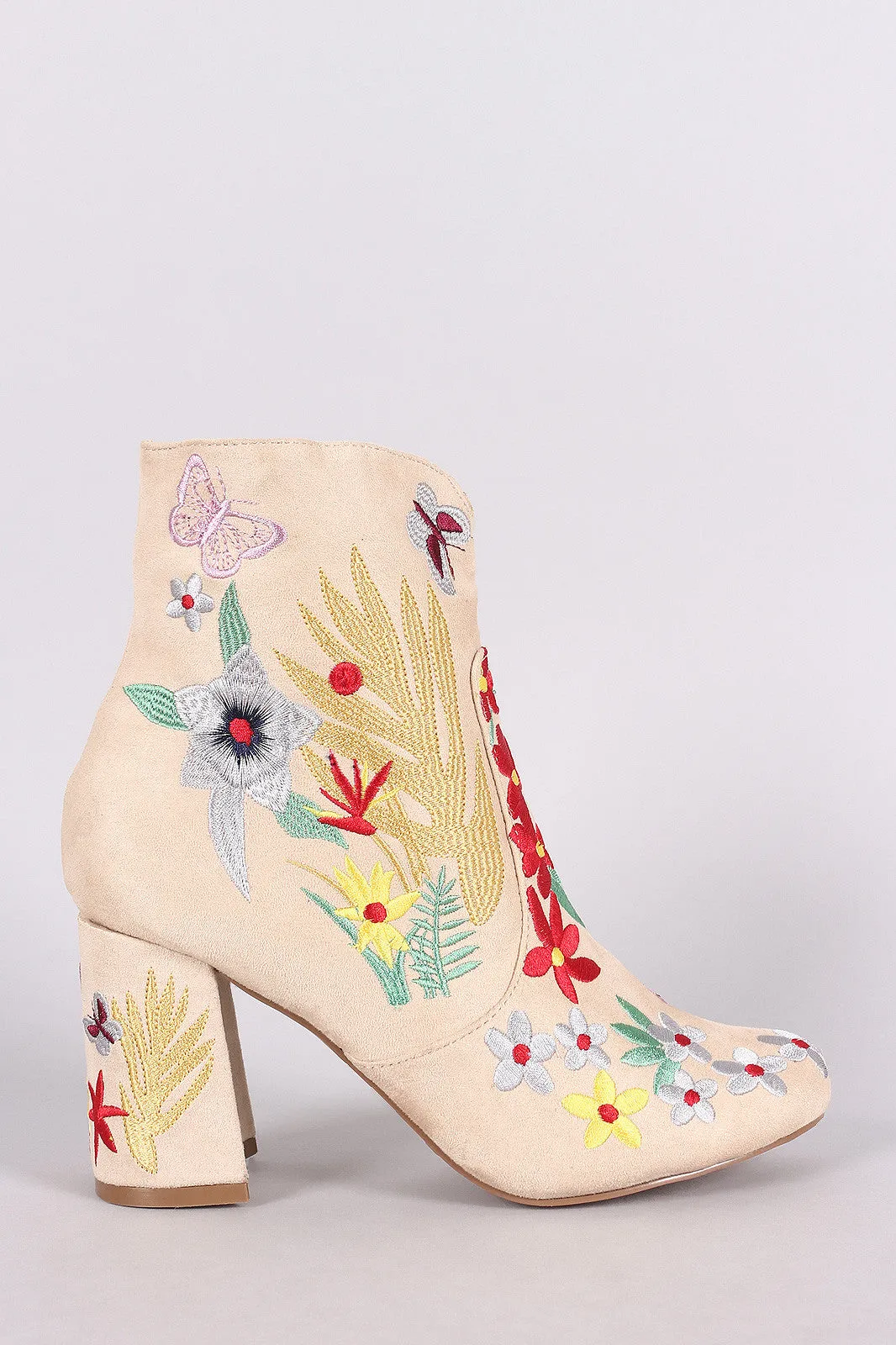 Qupid Suede Embroidery Floral Chunky Heeled Booties