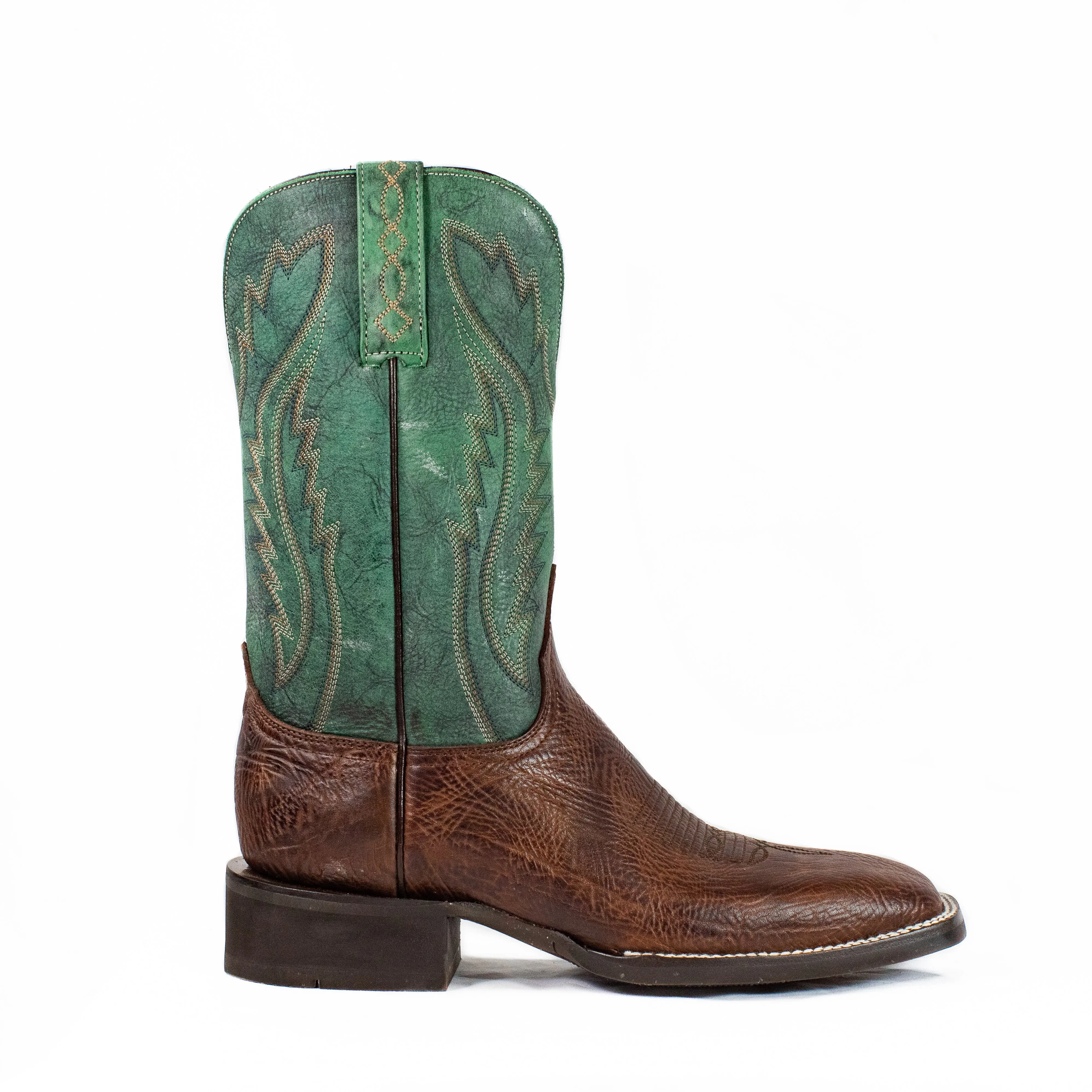 Ranch Boot (Rubber Sole) - Square Toe - Brown & Green