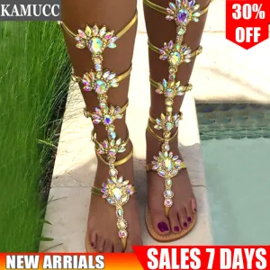 Sandal Boots Rhinestone Lady Knee High Boots Thin High Heels Stiletto Crystal Dress Summer Shoes