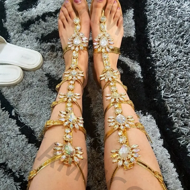 Sandal Boots Rhinestone Lady Knee High Boots Thin High Heels Stiletto Crystal Dress Summer Shoes