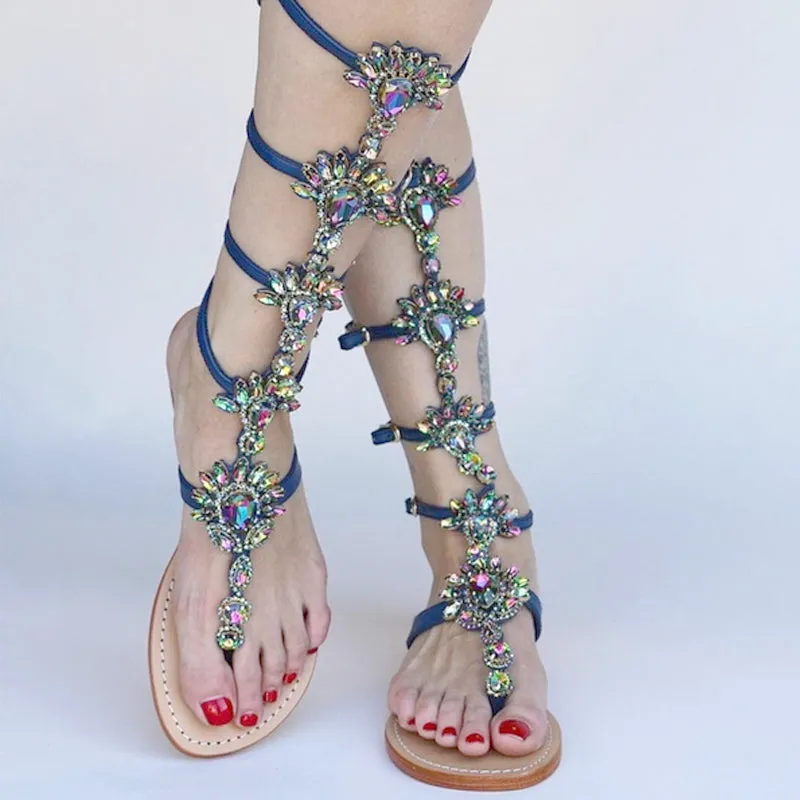 Sandal Boots Rhinestone Lady Knee High Boots Thin High Heels Stiletto Crystal Dress Summer Shoes
