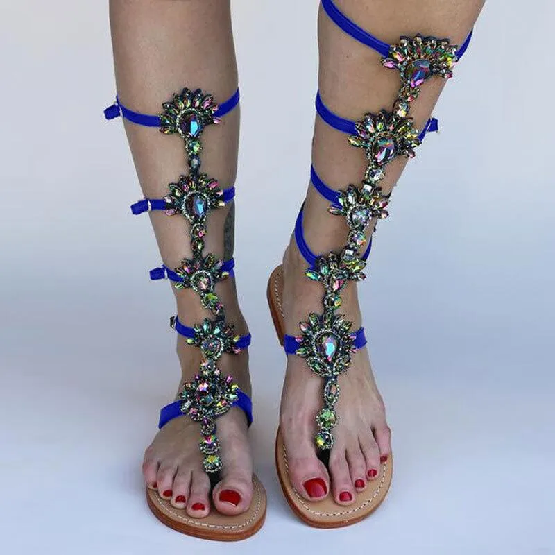 Sandal Boots Rhinestone Lady Knee High Boots Thin High Heels Stiletto Crystal Dress Summer Shoes