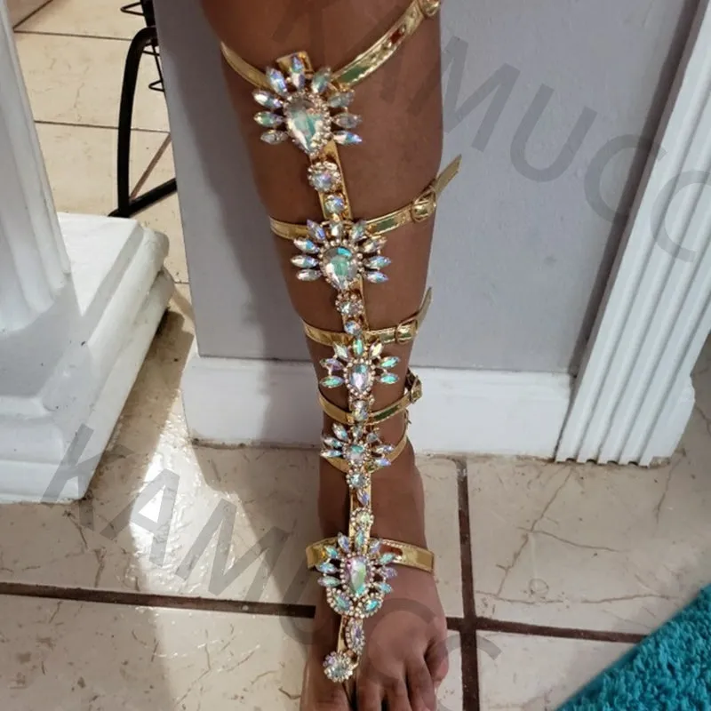 Sandal Boots Rhinestone Lady Knee High Boots Thin High Heels Stiletto Crystal Dress Summer Shoes