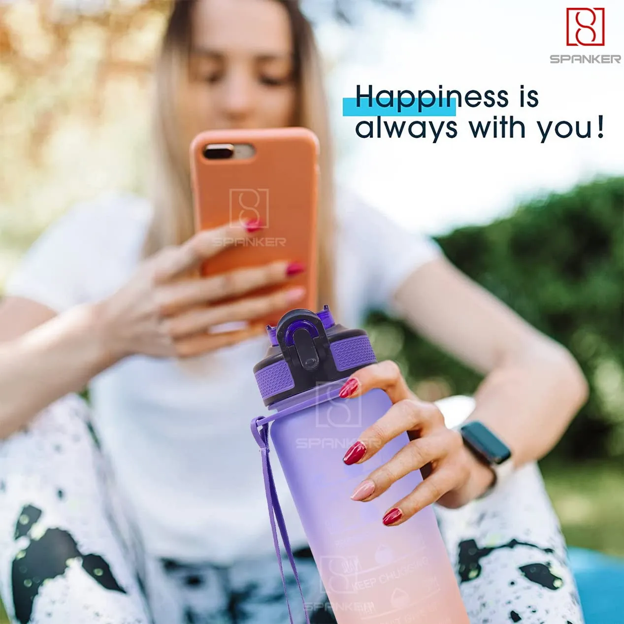 Spanker You Did It Motivational Leakproof Water Bottle with Strap 30Oz (900 ML), Time Marker, BPA Free Fitness Sports Water Bottle, Purple Orange SSTP