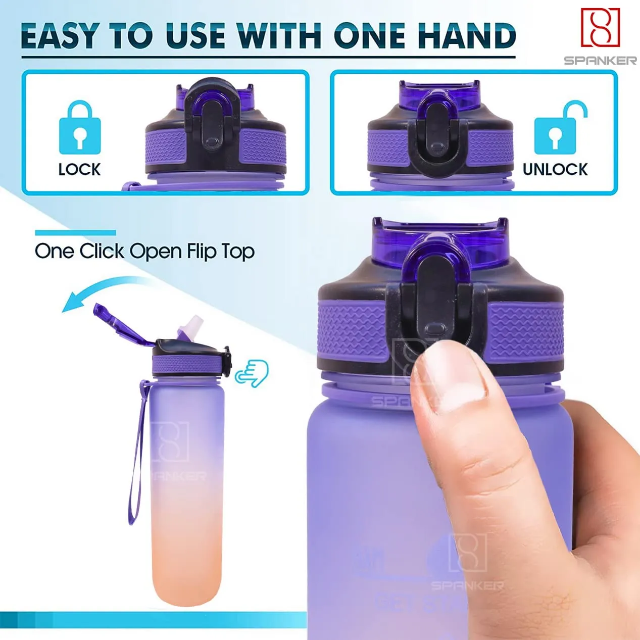 Spanker You Did It Motivational Leakproof Water Bottle with Strap 30Oz (900 ML), Time Marker, BPA Free Fitness Sports Water Bottle, Purple Orange SSTP