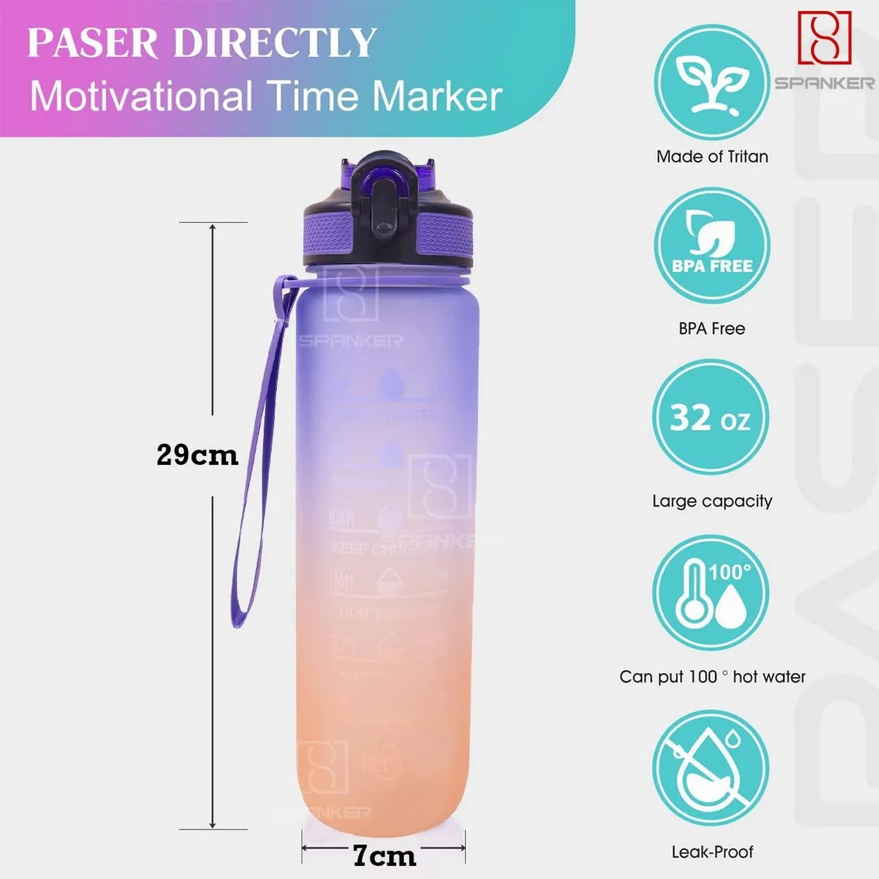 Spanker You Did It Motivational Leakproof Water Bottle with Strap 30Oz (900 ML), Time Marker, BPA Free Fitness Sports Water Bottle, Purple Orange SSTP