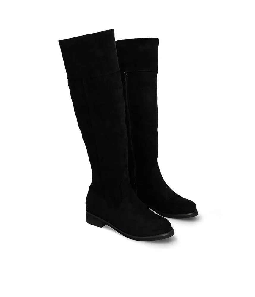 Stylish Flat Knee-high boots in Black faux suede