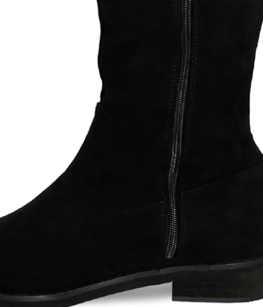 Stylish Flat Knee-high boots in Black faux suede