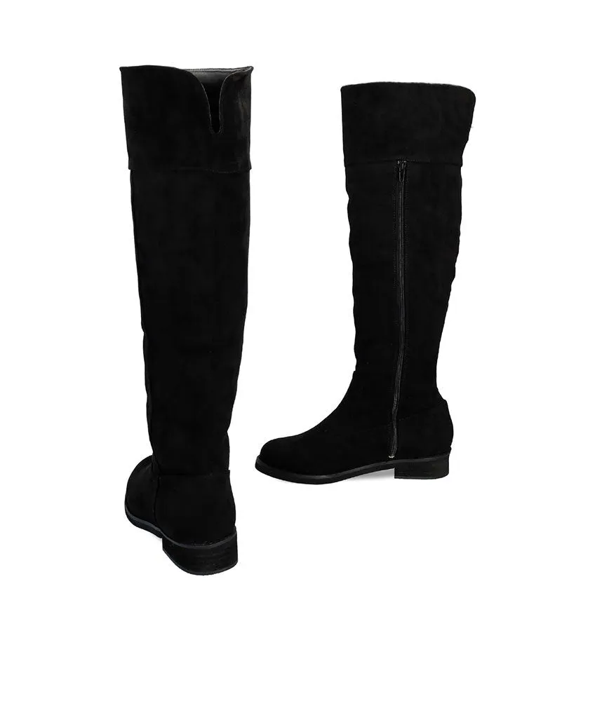 Stylish Flat Knee-high boots in Black faux suede