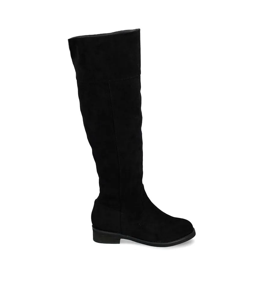 Stylish Flat Knee-high boots in Black faux suede