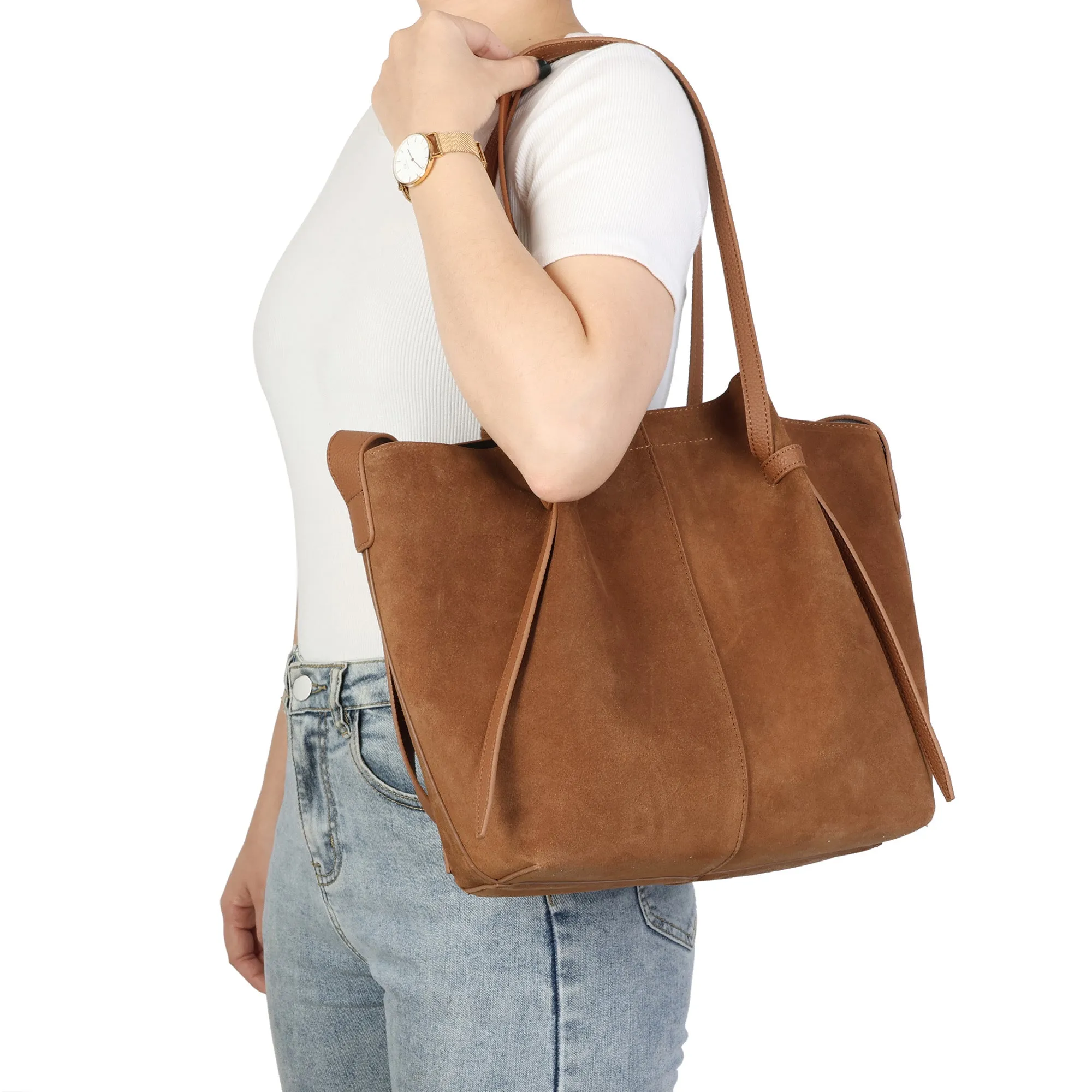 Suede & Leather Convertible Tote Bag