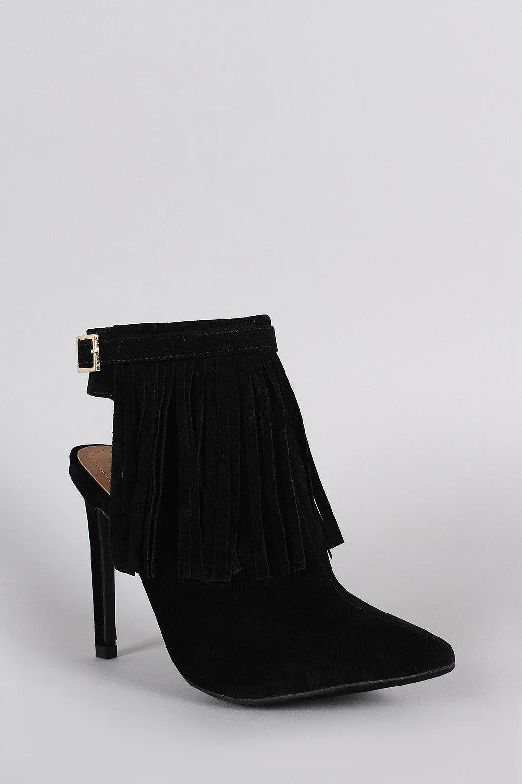 Suede Fringed Buckle Strap Pointy Toe Stiletto Booties