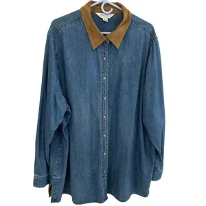 Vintage Women's Denim Shacket Long Sleeve Button Down Shirt Suede Collar 3X