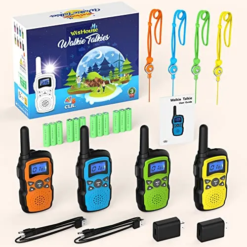 Wishouse Walkie Talkies for Adults Rechargeable 4 Sets with 2 Usb Chargers 4X3000mAh Batteries Lanyards,Family Walky Talky Handheld 2 Way Radio Long Range for Hiking Camping,Xmas Birthday Gift Present
