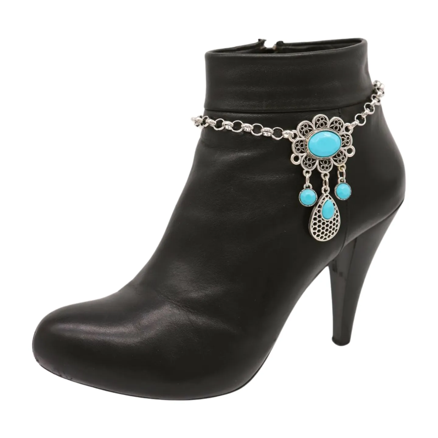 Women Ethnic Silver Metal Chain Boot Bracelet Anklet Shoe Turquoise Blue Charm