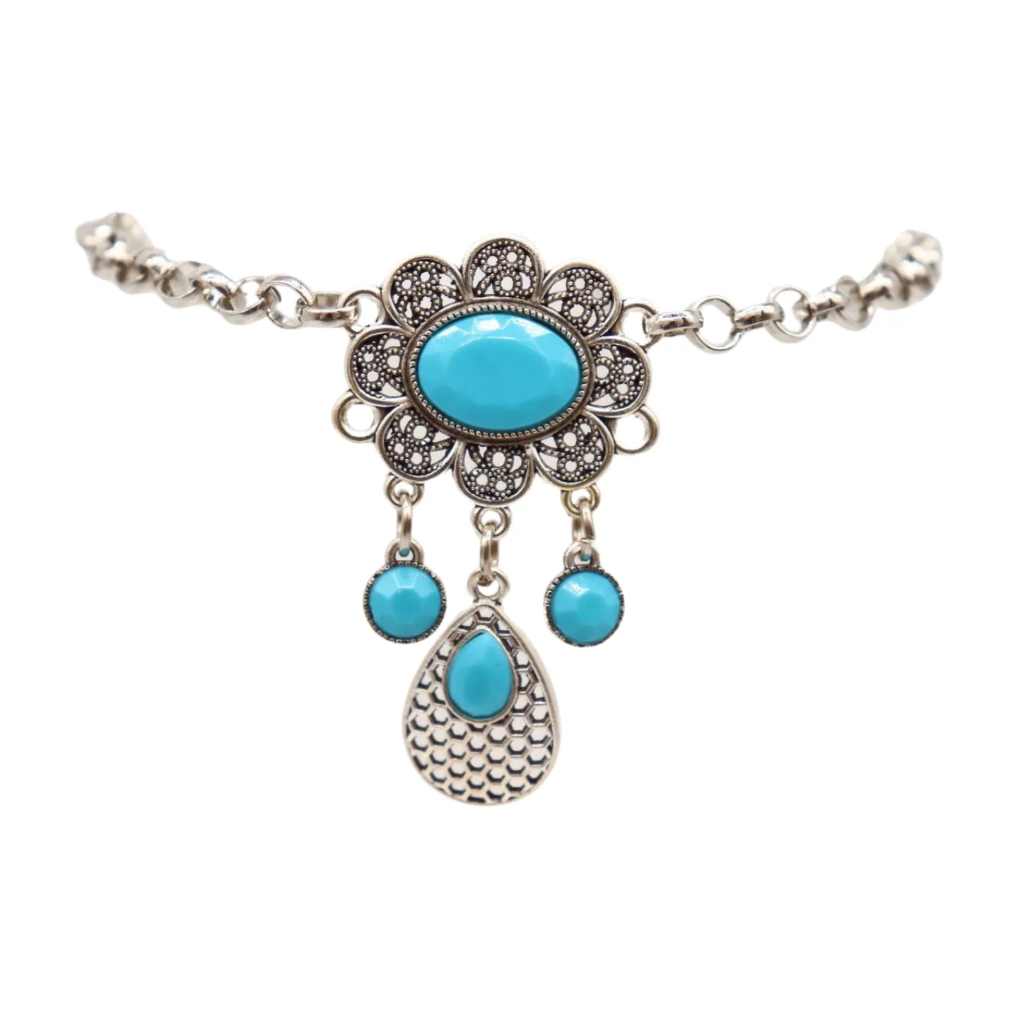Women Ethnic Silver Metal Chain Boot Bracelet Anklet Shoe Turquoise Blue Charm