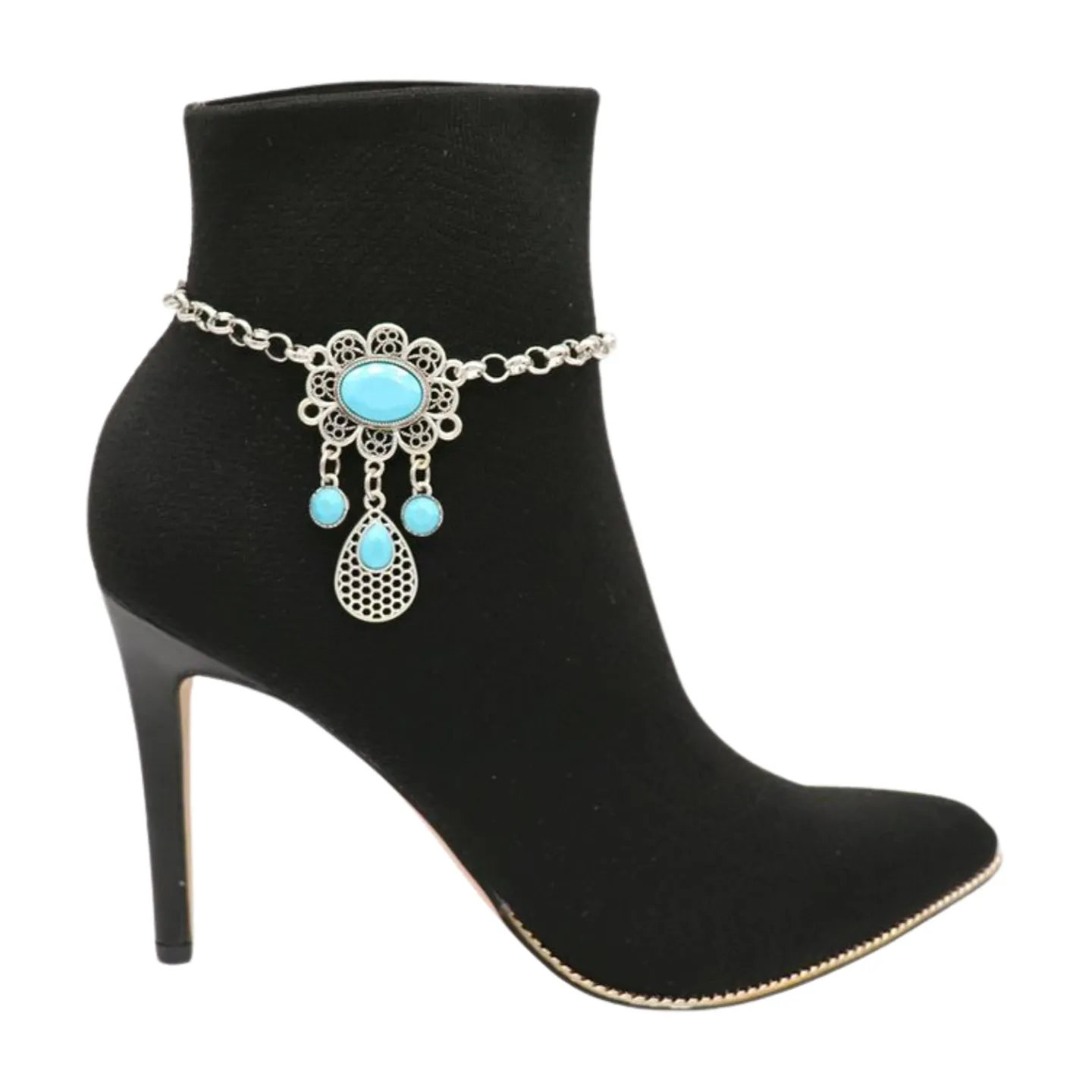 Women Ethnic Silver Metal Chain Boot Bracelet Anklet Shoe Turquoise Blue Charm