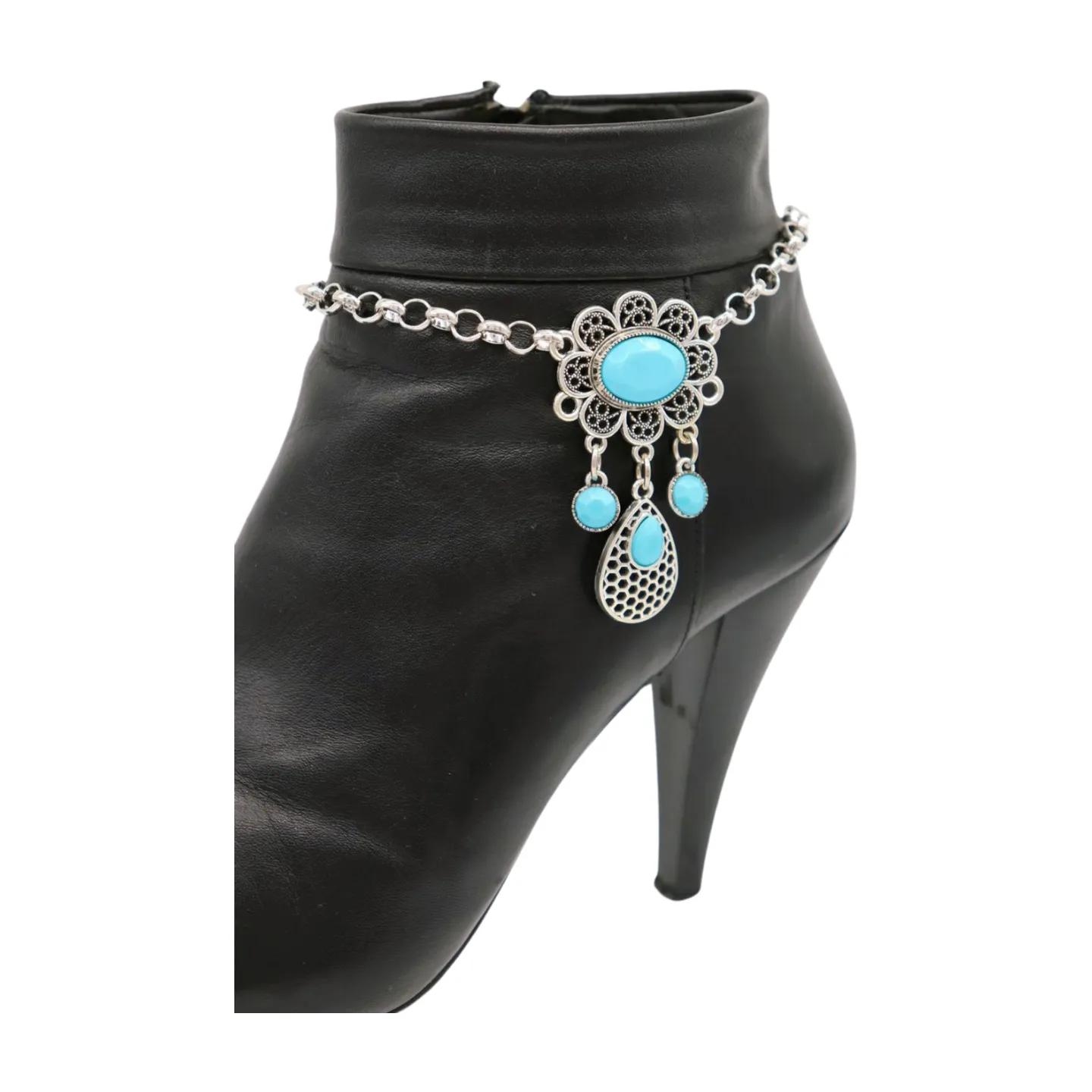 Women Ethnic Silver Metal Chain Boot Bracelet Anklet Shoe Turquoise Blue Charm