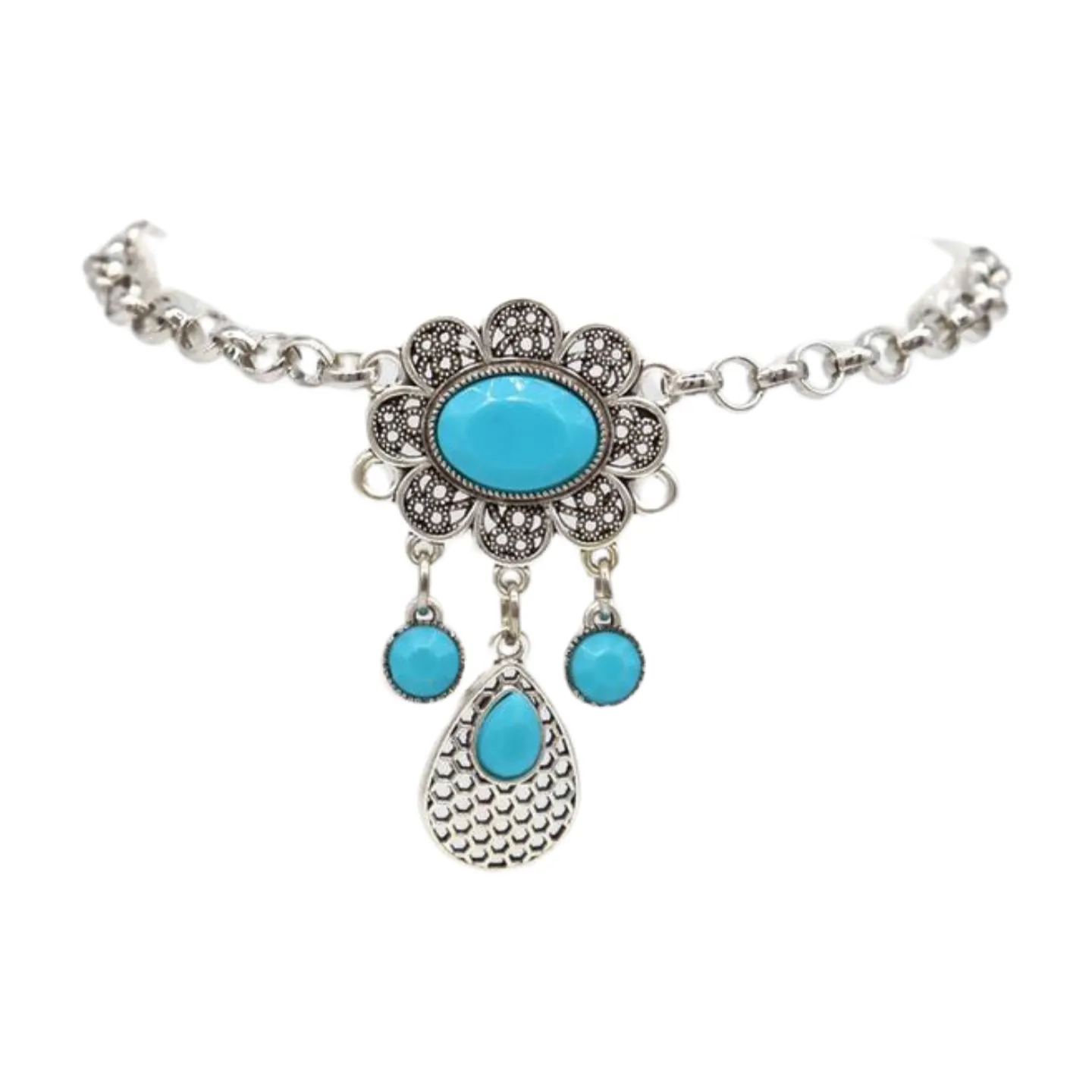 Women Ethnic Silver Metal Chain Boot Bracelet Anklet Shoe Turquoise Blue Charm