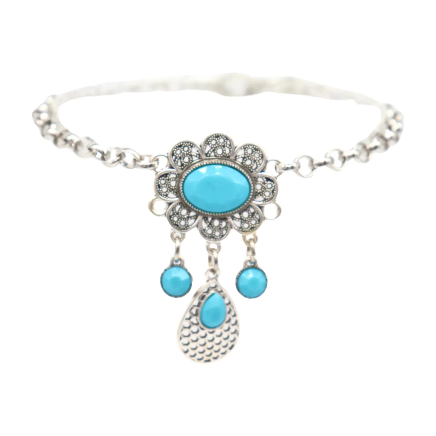 Women Ethnic Silver Metal Chain Boot Bracelet Anklet Shoe Turquoise Blue Charm