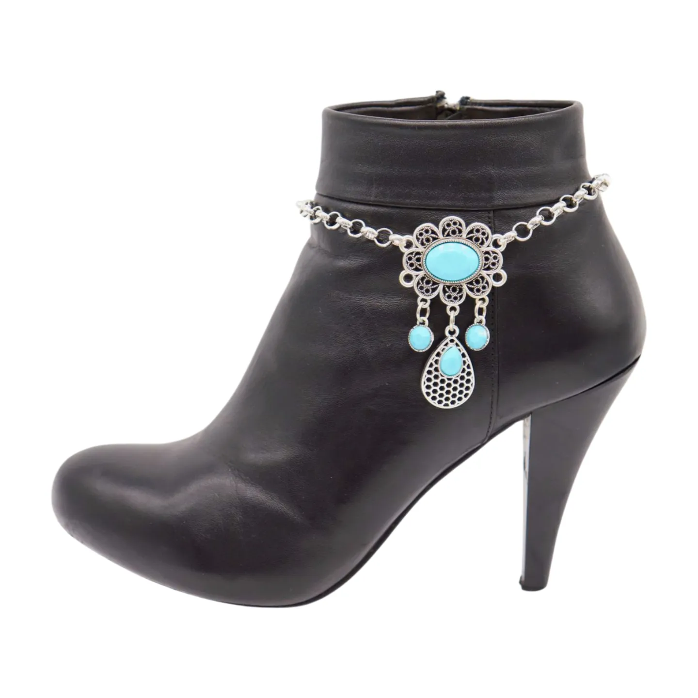 Women Ethnic Silver Metal Chain Boot Bracelet Anklet Shoe Turquoise Blue Charm