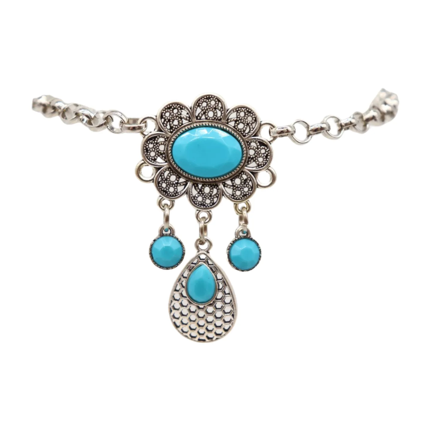 Women Ethnic Silver Metal Chain Boot Bracelet Anklet Shoe Turquoise Blue Charm