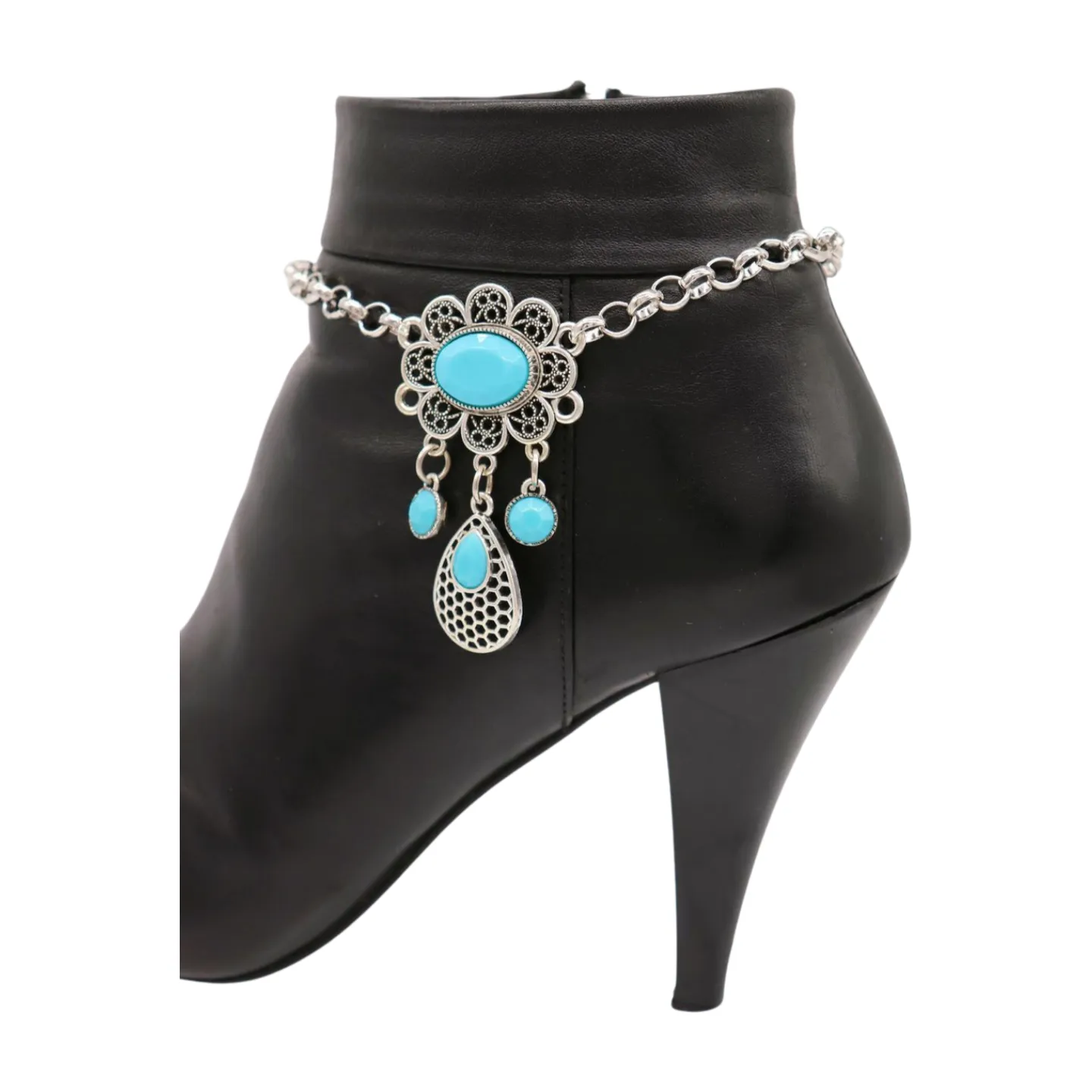 Women Ethnic Silver Metal Chain Boot Bracelet Anklet Shoe Turquoise Blue Charm