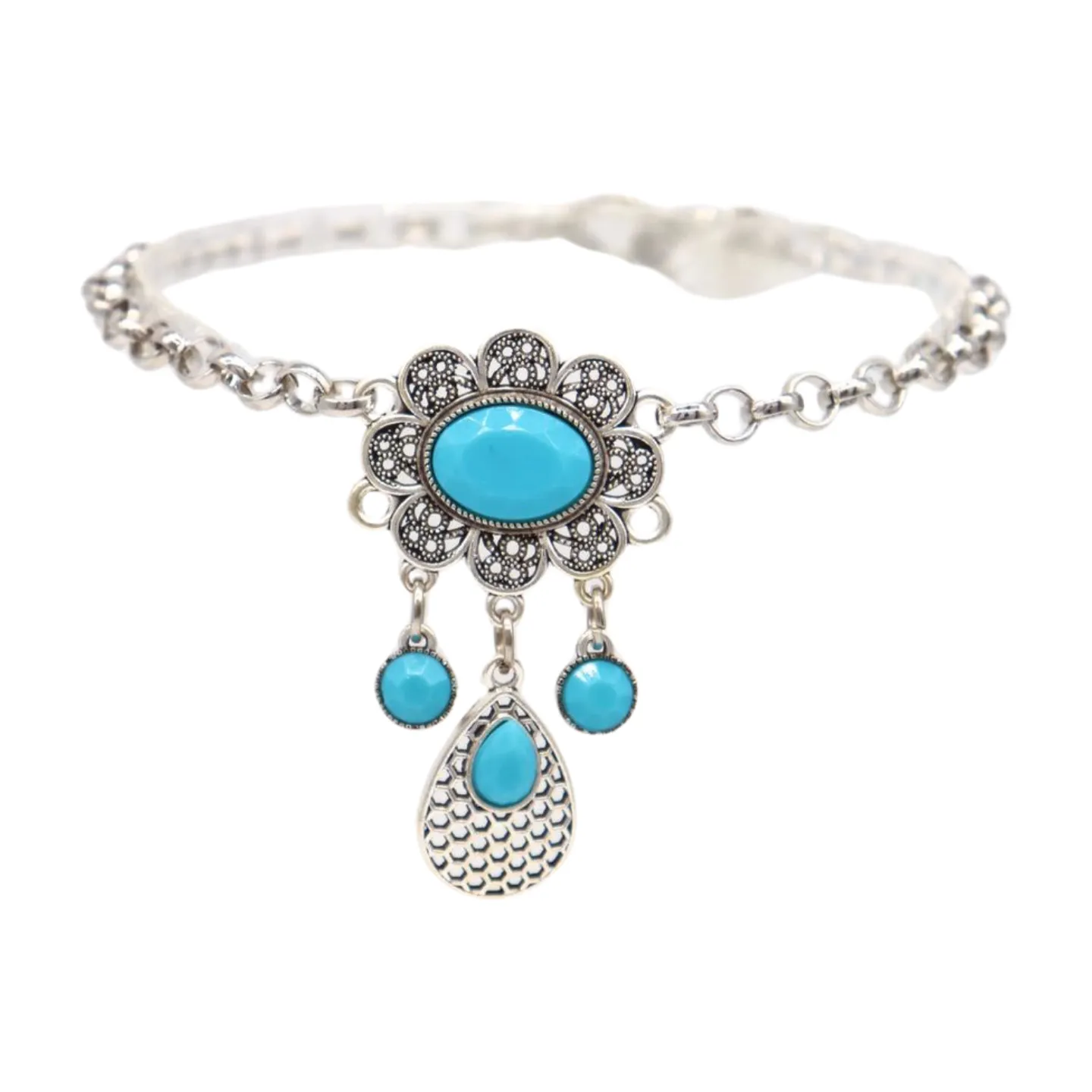 Women Ethnic Silver Metal Chain Boot Bracelet Anklet Shoe Turquoise Blue Charm