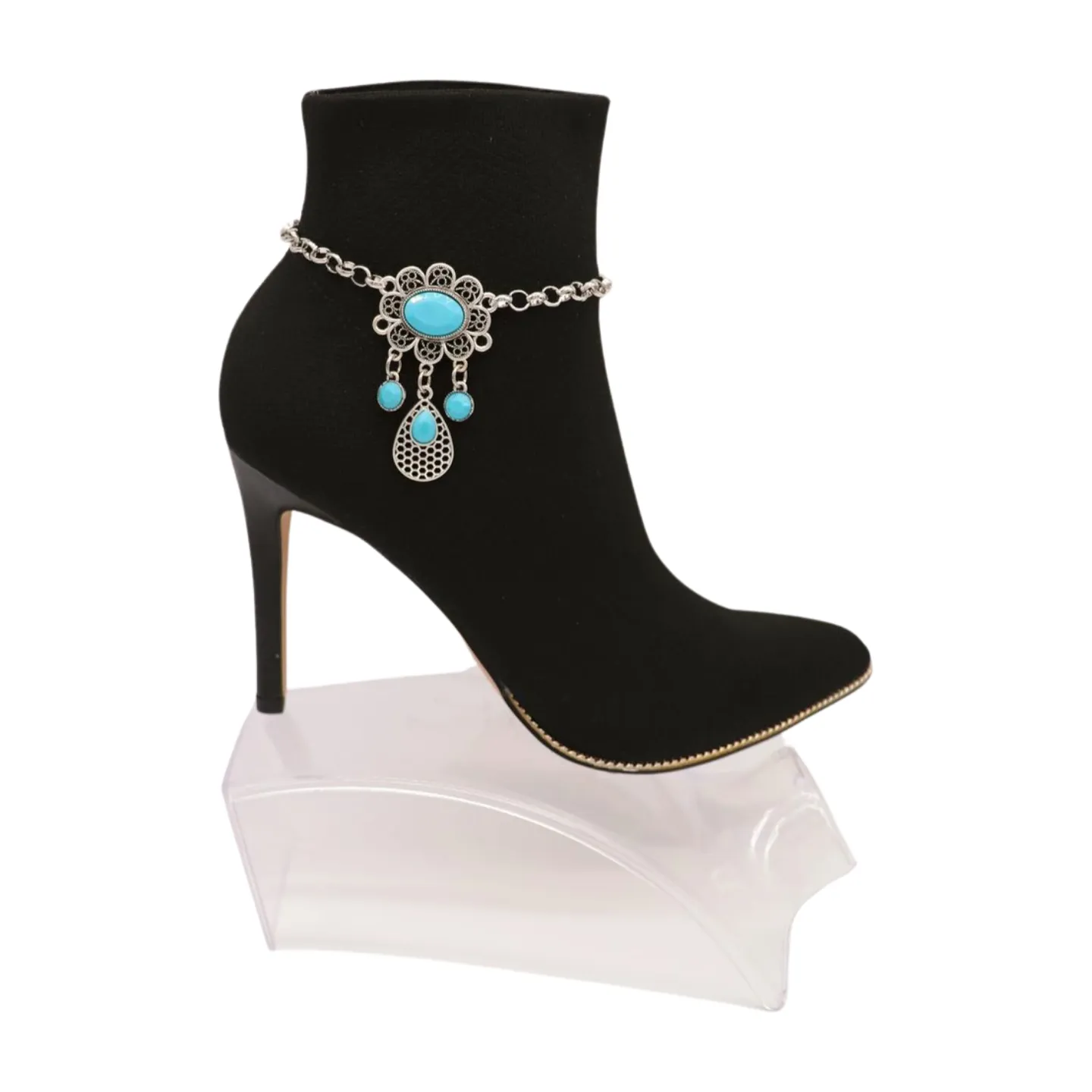 Women Ethnic Silver Metal Chain Boot Bracelet Anklet Shoe Turquoise Blue Charm
