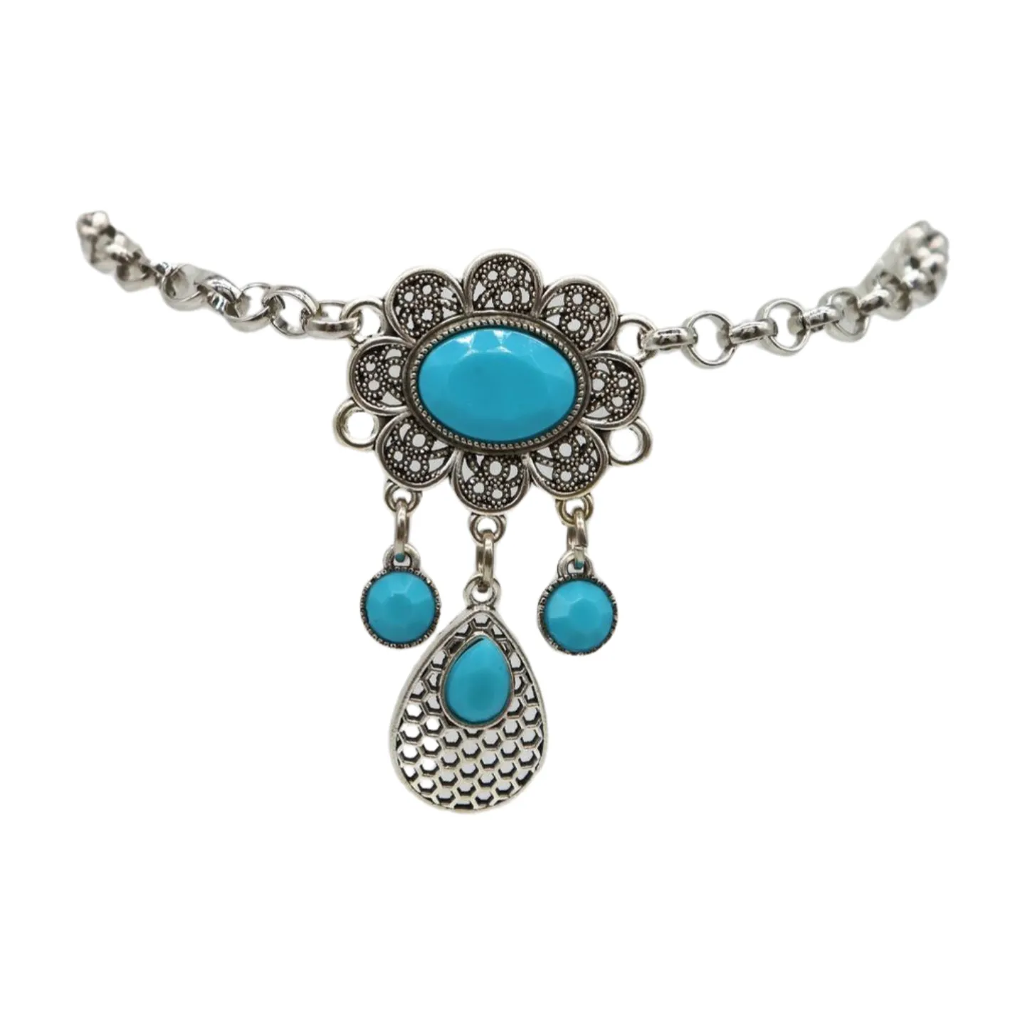 Women Ethnic Silver Metal Chain Boot Bracelet Anklet Shoe Turquoise Blue Charm