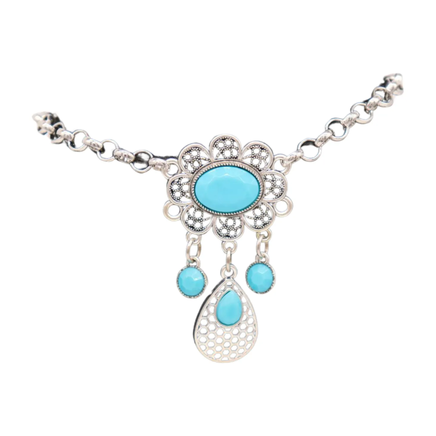 Women Ethnic Silver Metal Chain Boot Bracelet Anklet Shoe Turquoise Blue Charm