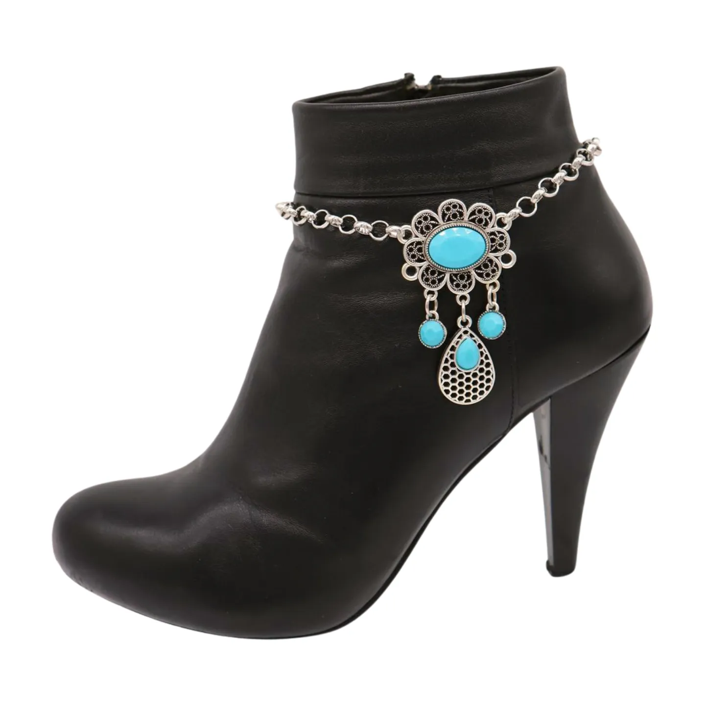 Women Ethnic Silver Metal Chain Boot Bracelet Anklet Shoe Turquoise Blue Charm