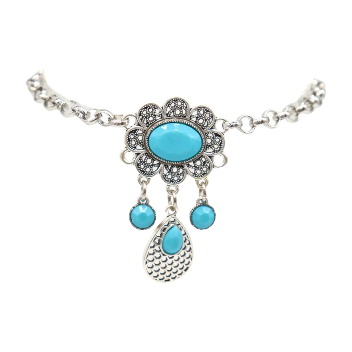 Women Ethnic Silver Metal Chain Boot Bracelet Anklet Shoe Turquoise Blue Charm