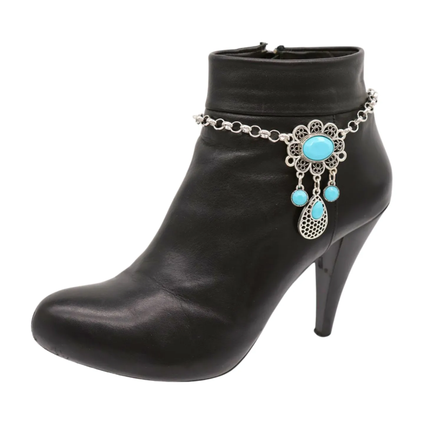 Women Ethnic Silver Metal Chain Boot Bracelet Anklet Shoe Turquoise Blue Charm