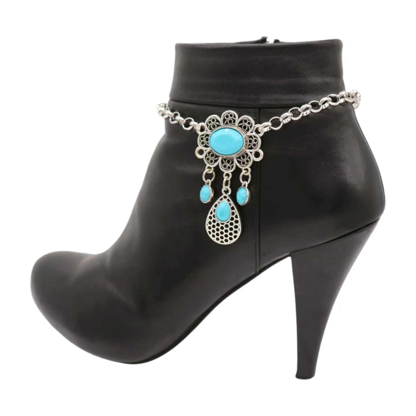 Women Ethnic Silver Metal Chain Boot Bracelet Anklet Shoe Turquoise Blue Charm