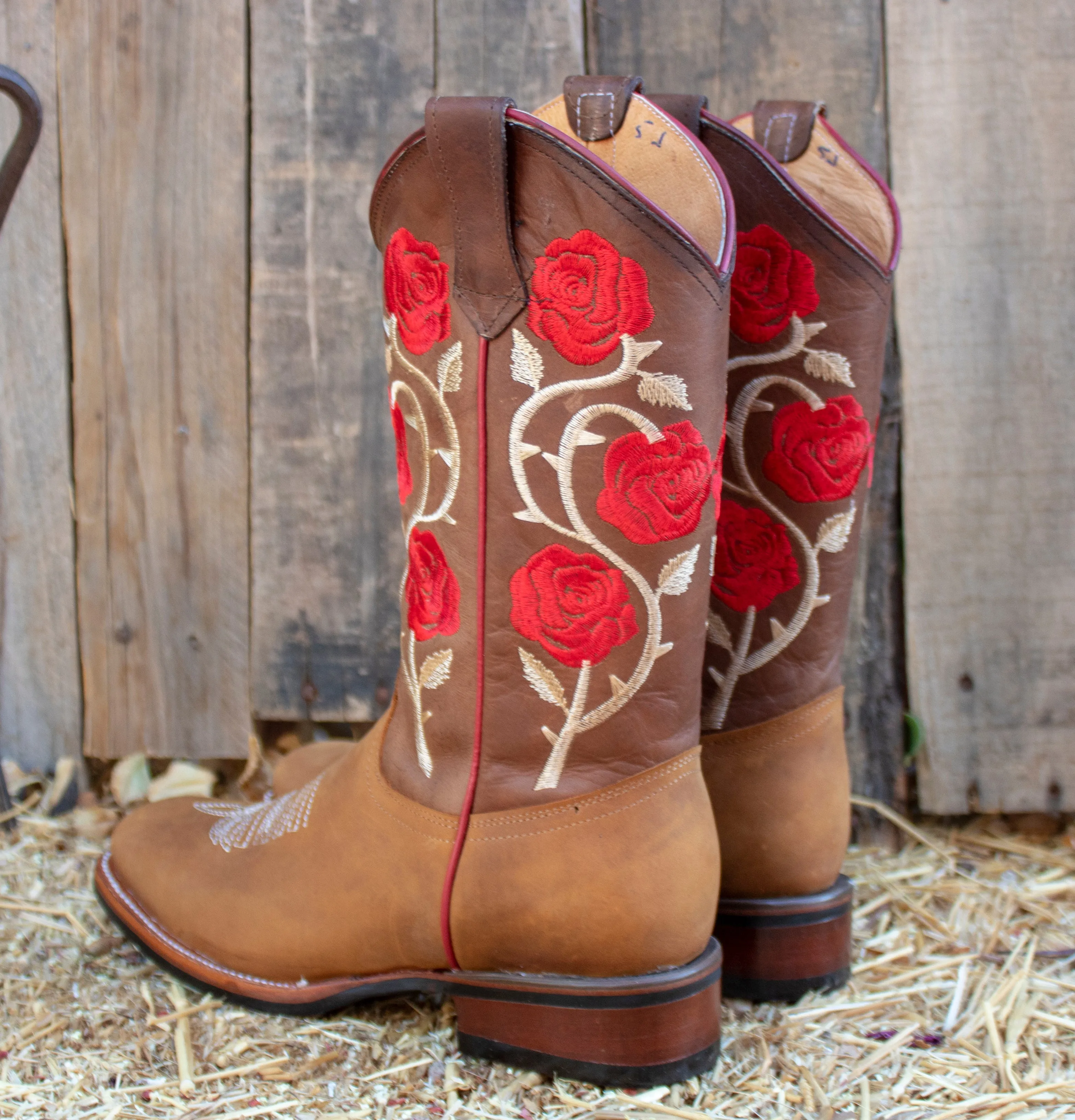 WOMENS LEATHER EMBROIDERED ROSE SQUARE TOE RODEO COWGIRL BOOTS