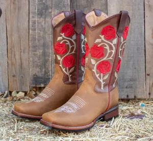 WOMENS LEATHER EMBROIDERED ROSE SQUARE TOE RODEO COWGIRL BOOTS