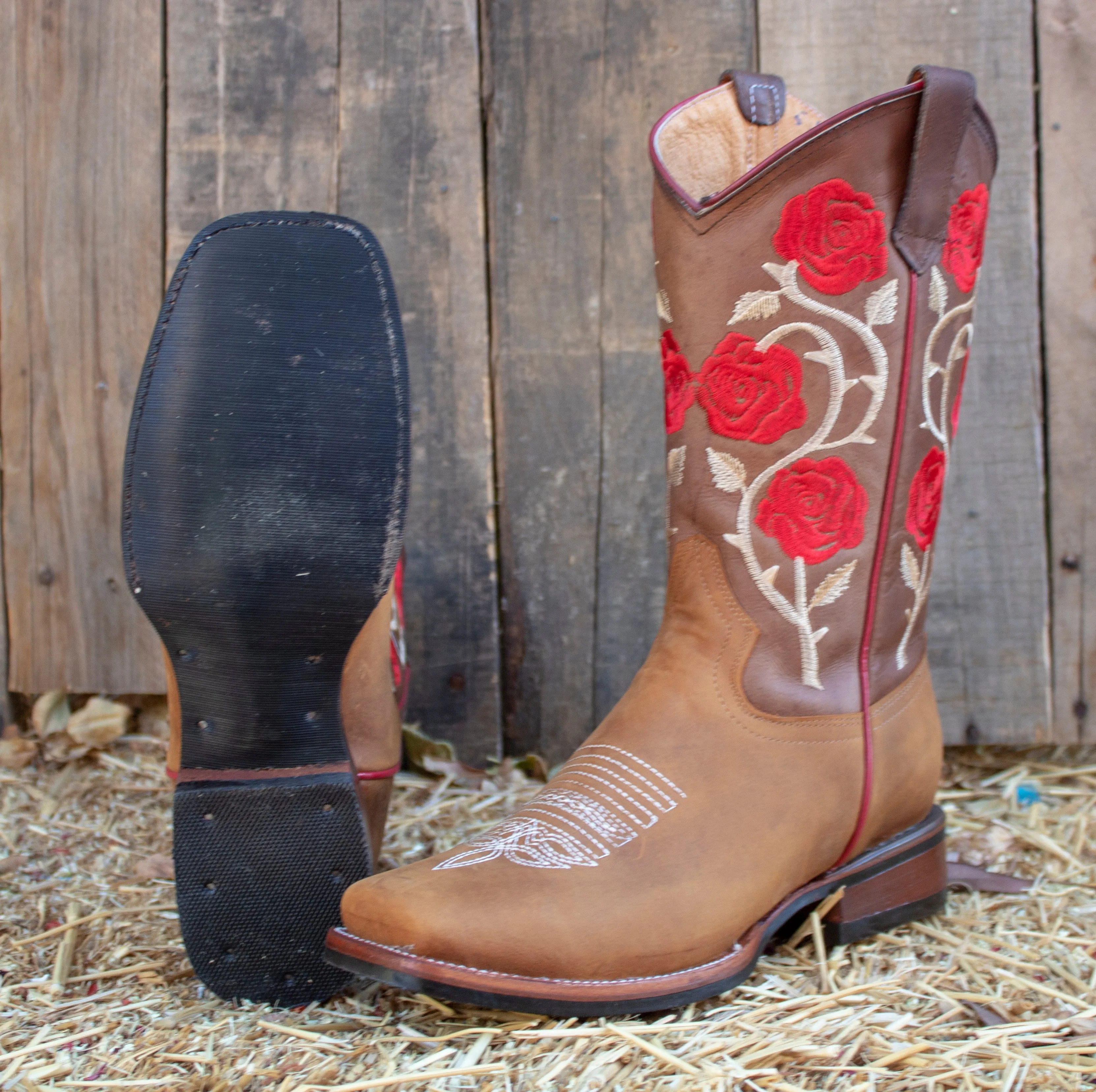 WOMENS LEATHER EMBROIDERED ROSE SQUARE TOE RODEO COWGIRL BOOTS