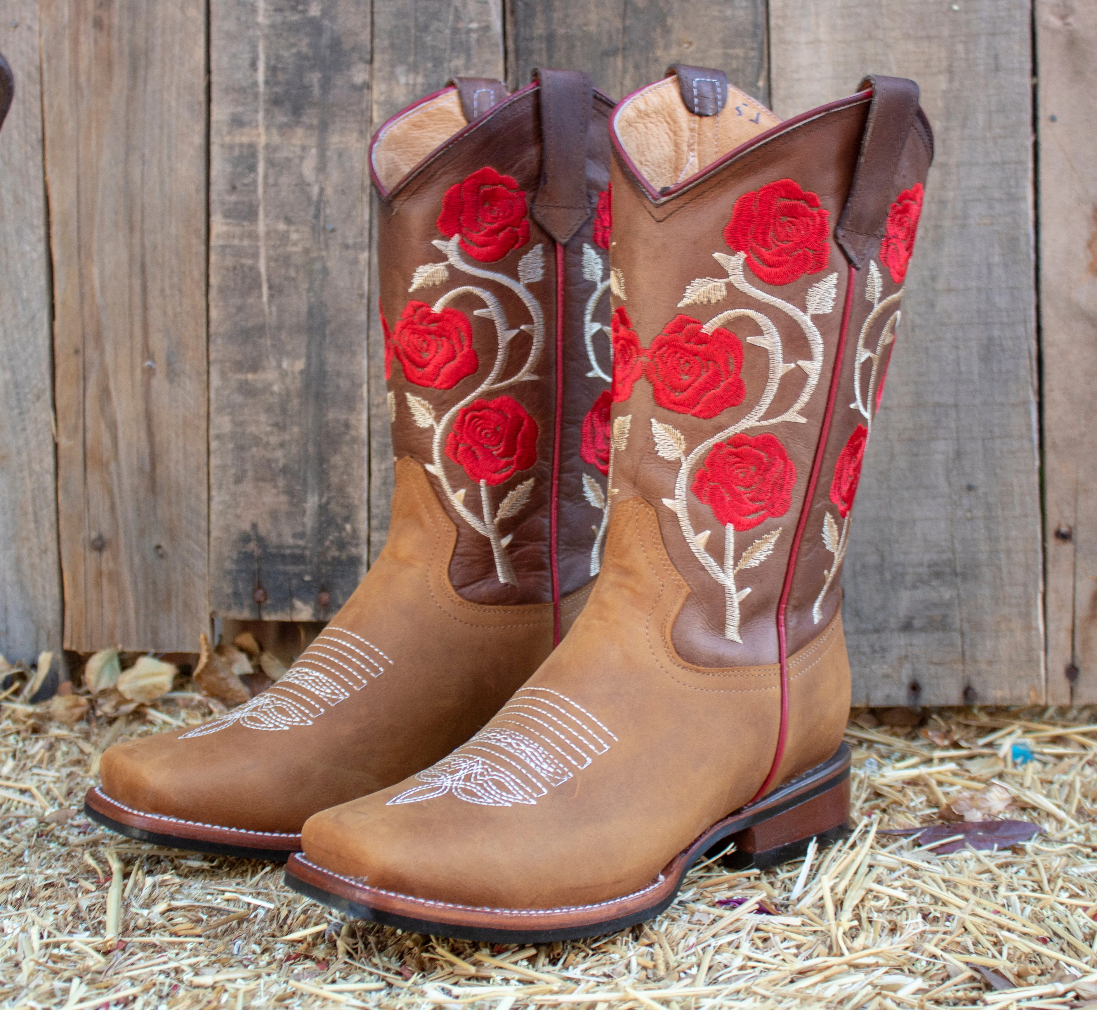WOMENS LEATHER EMBROIDERED ROSE SQUARE TOE RODEO COWGIRL BOOTS