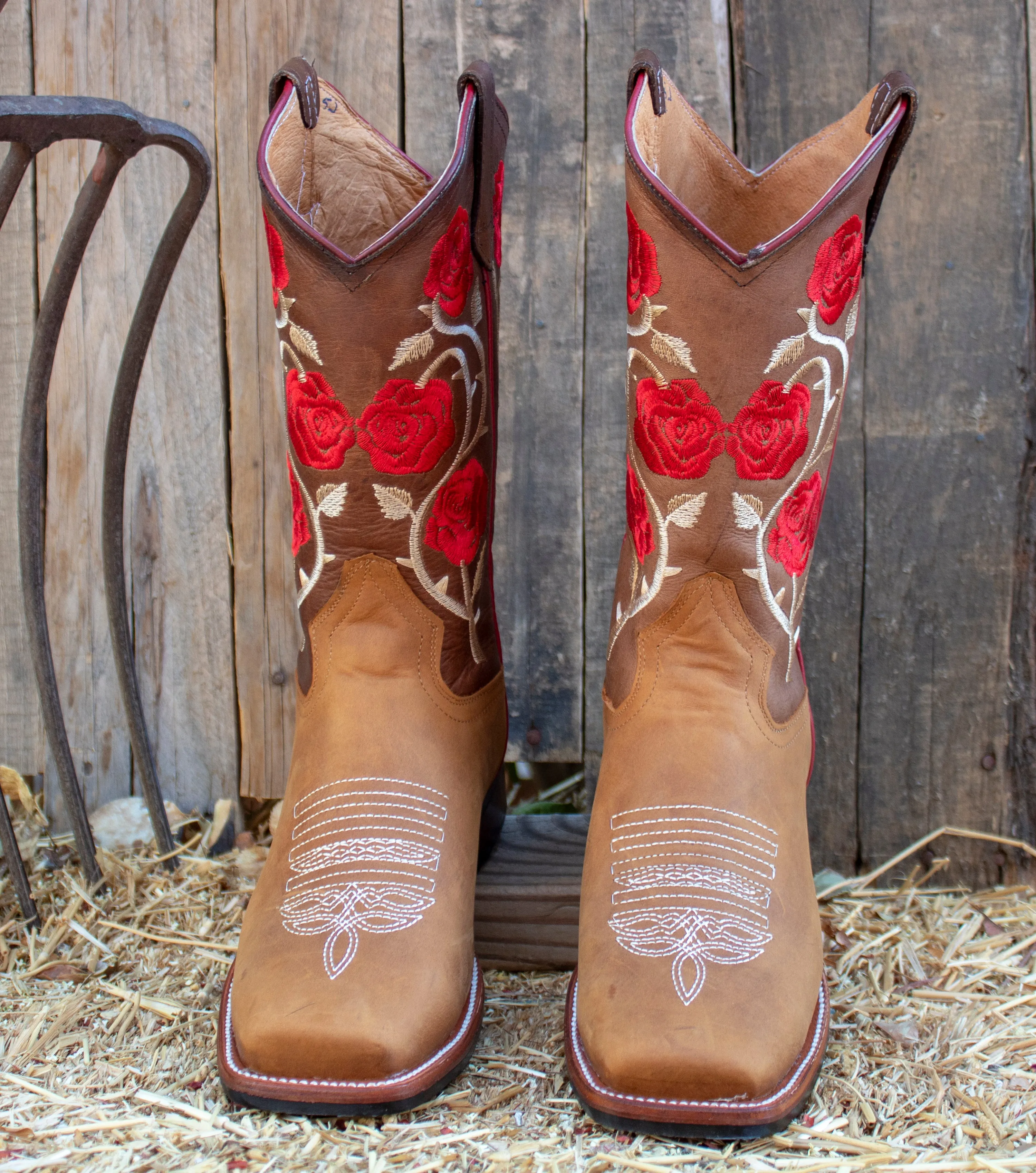 WOMENS LEATHER EMBROIDERED ROSE SQUARE TOE RODEO COWGIRL BOOTS