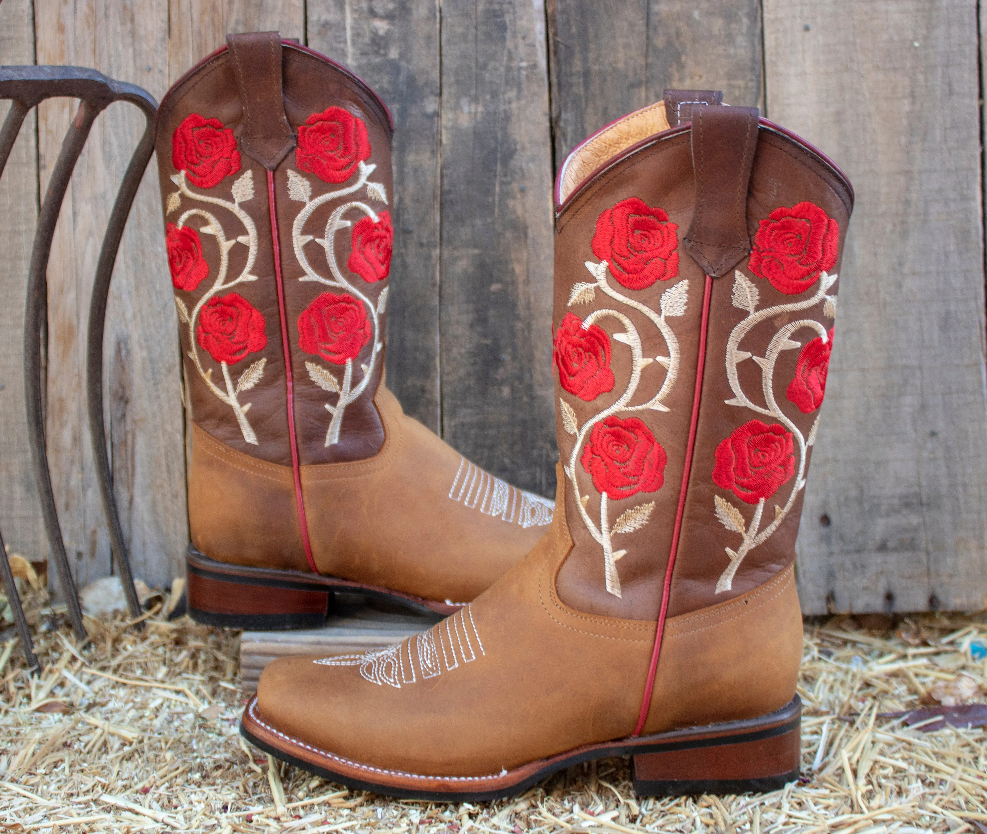 WOMENS LEATHER EMBROIDERED ROSE SQUARE TOE RODEO COWGIRL BOOTS