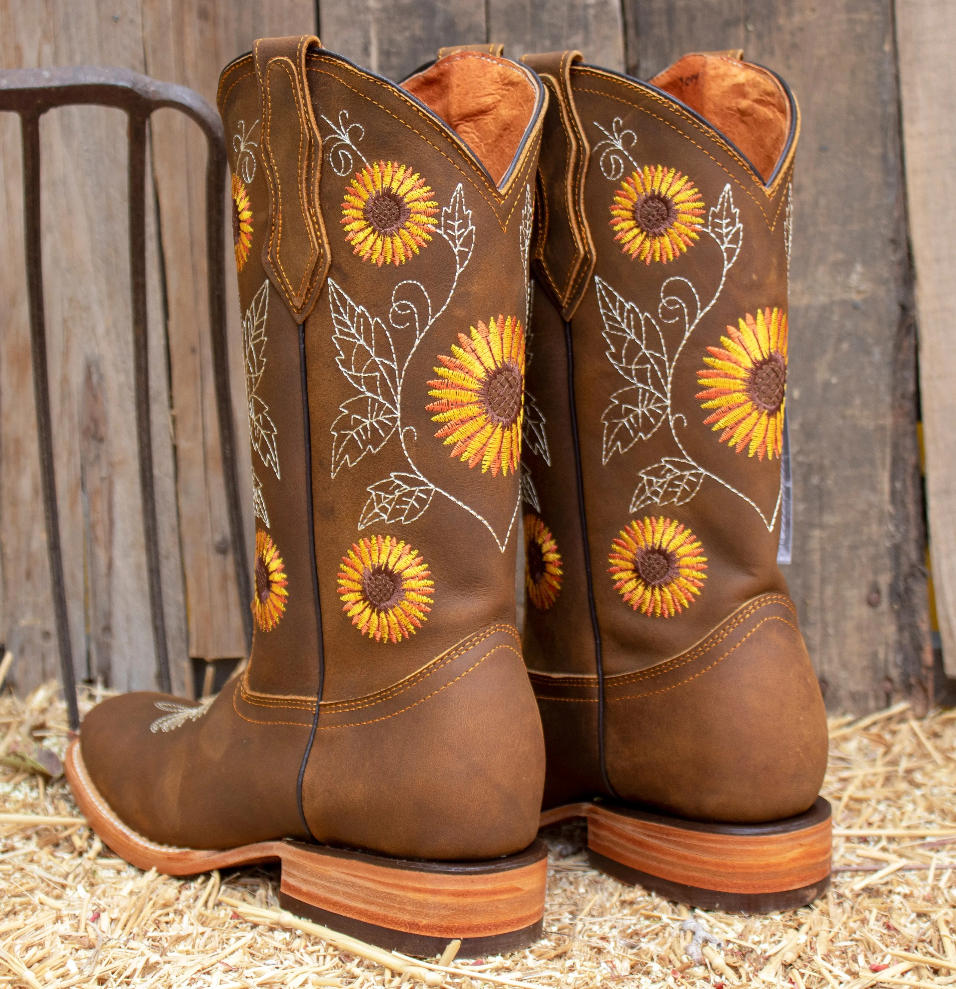 WOMENS LEATHER EMBROIDERED SUNFLOWER SQUARE TOE RODEO COWGIRL BOOTS