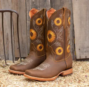 WOMENS LEATHER EMBROIDERED SUNFLOWER SQUARE TOE RODEO COWGIRL BOOTS