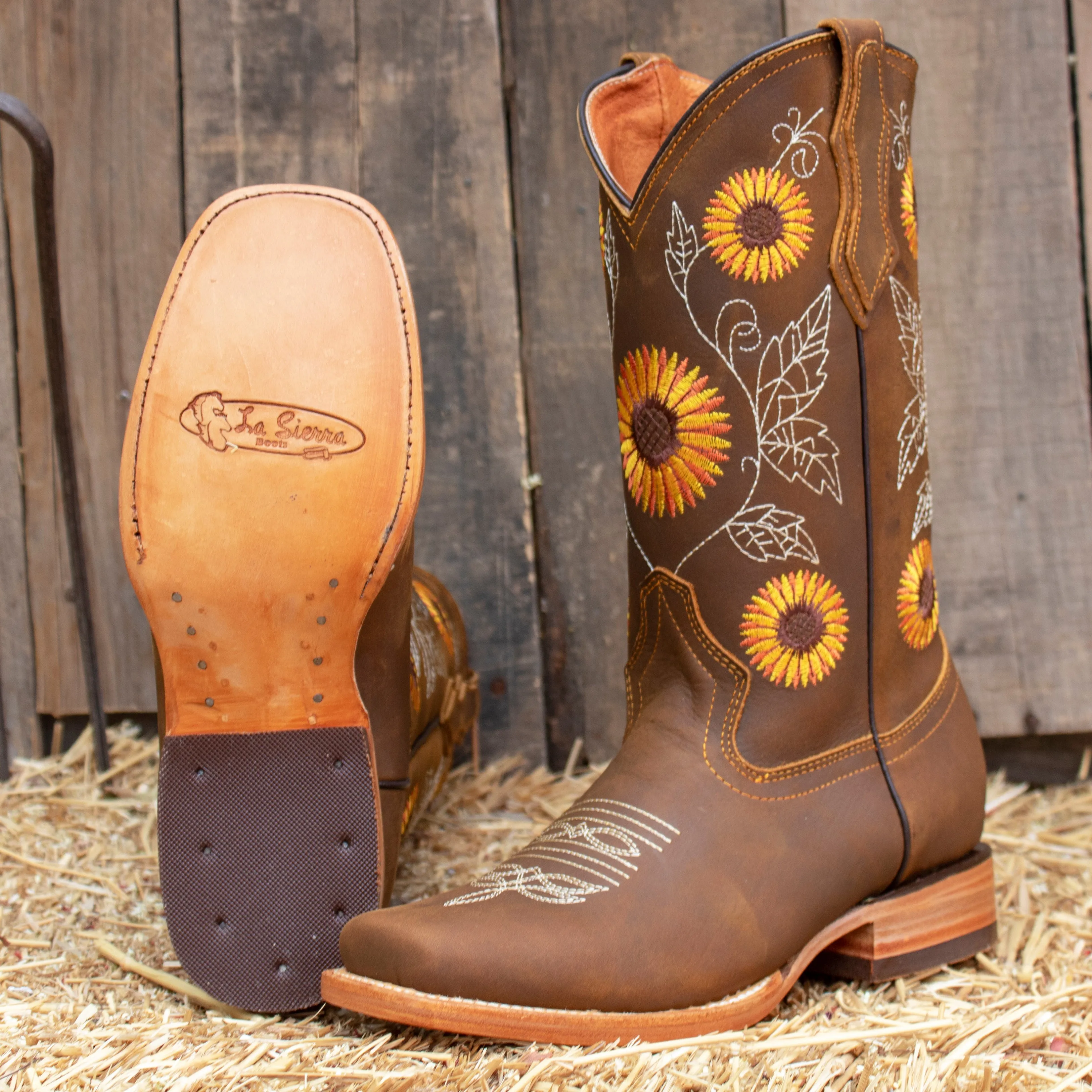 WOMENS LEATHER EMBROIDERED SUNFLOWER SQUARE TOE RODEO COWGIRL BOOTS