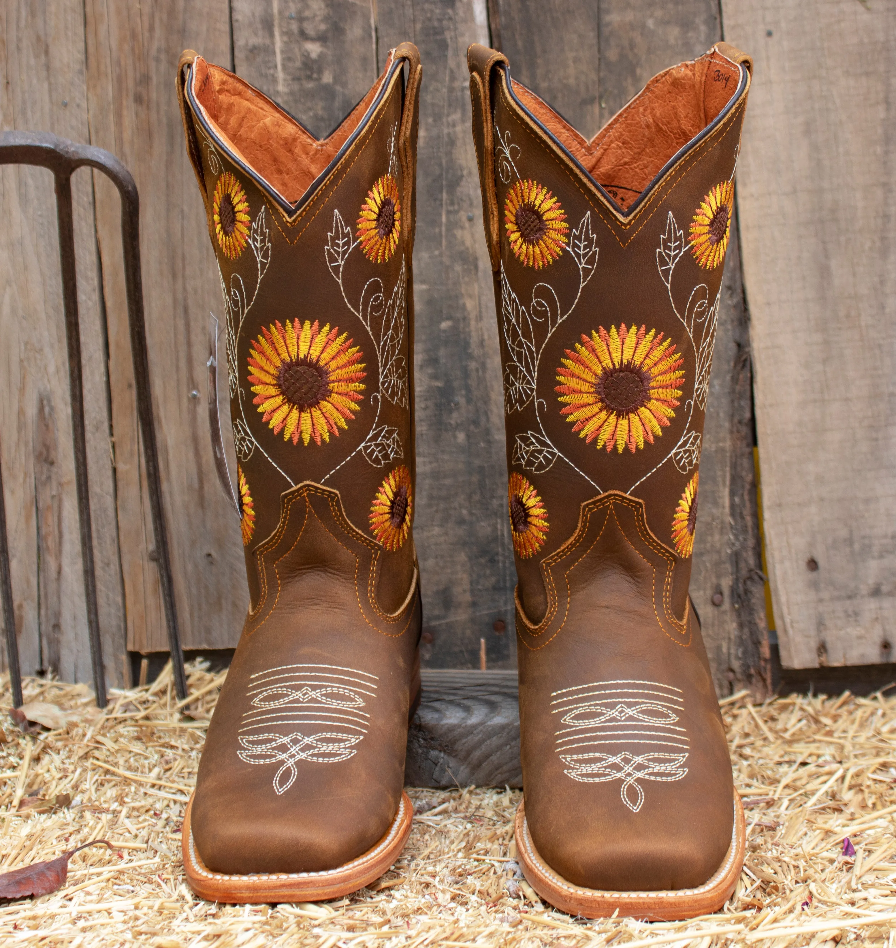 WOMENS LEATHER EMBROIDERED SUNFLOWER SQUARE TOE RODEO COWGIRL BOOTS