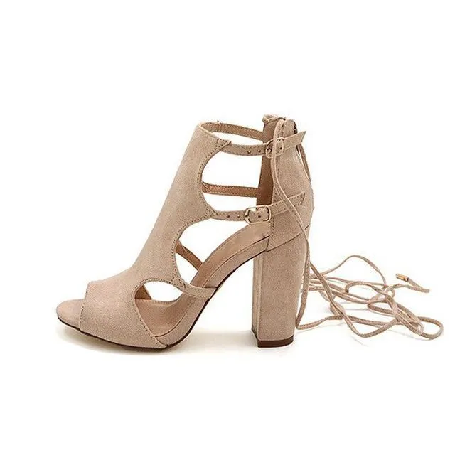 Womens Open Toe Lace UP High Heel Leather Sandals