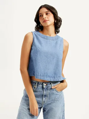 Women's Solid Light Blue Round Neck Crop Top